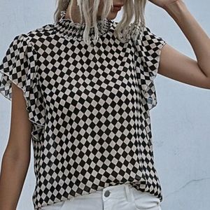 New women checkerboard print shirred neck blouse